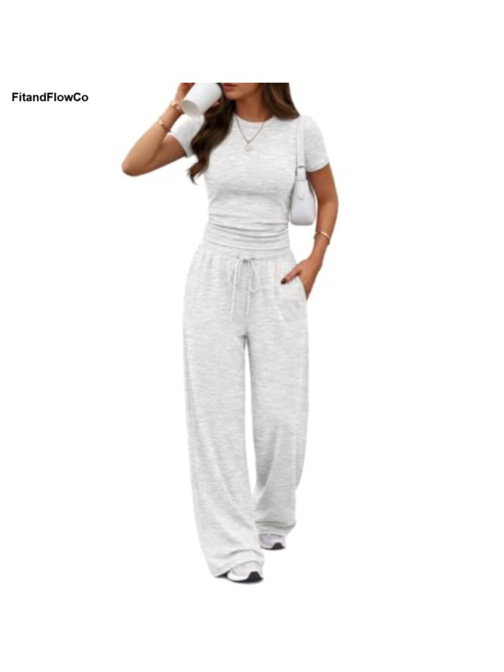 Women's 2 Piece Rayon-Spandex Lounge Set Short Sleeve Top & Wide Leg Pants